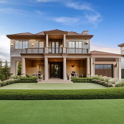 A luxurious three-story house, featuring tasteful design elements, lavish furnishings, and a manicured landscape.