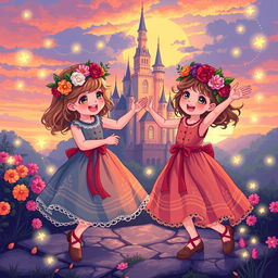 Two little girls dancing joyfully in vibrant dresses adorned with floral wreaths on their heads, near an enchanting castle during a beautiful sunset