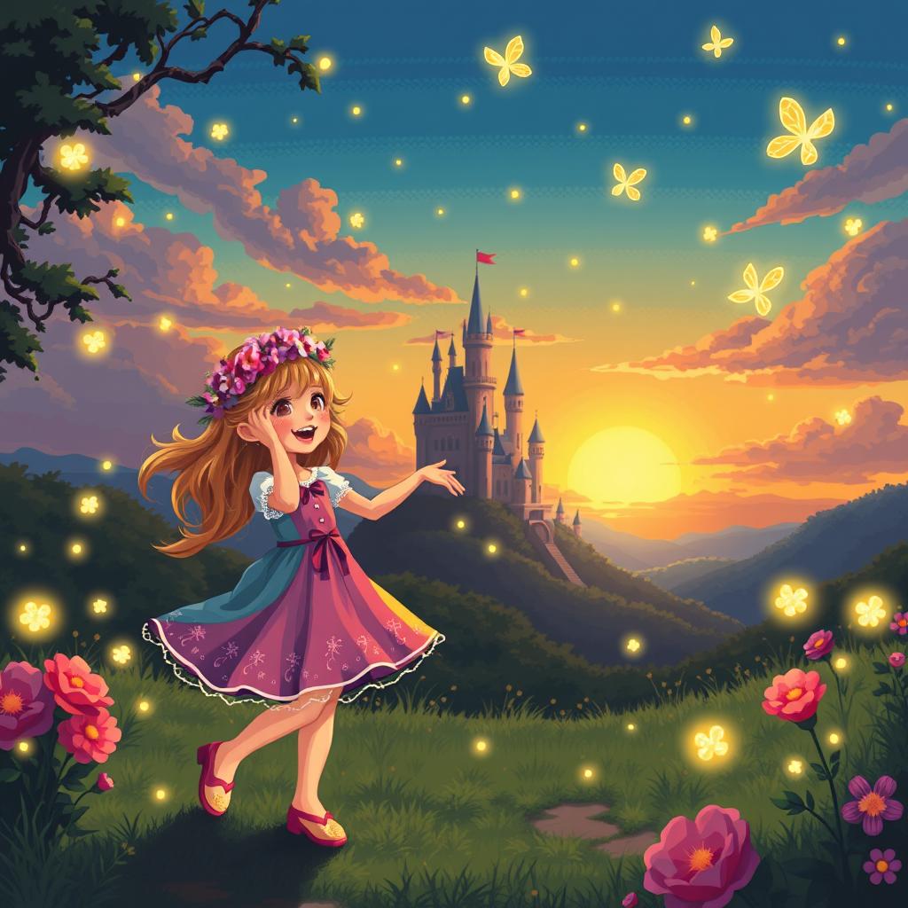 Two little girls dancing joyfully in vibrant dresses adorned with floral wreaths on their heads, near an enchanting castle during a beautiful sunset