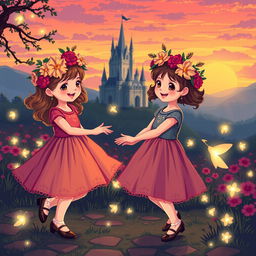 Two little girls dancing joyfully in vibrant dresses adorned with floral wreaths on their heads, near an enchanting castle during a beautiful sunset