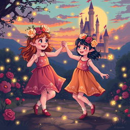 Two little girls dancing joyfully in vibrant dresses adorned with floral wreaths on their heads, near an enchanting castle during a beautiful sunset