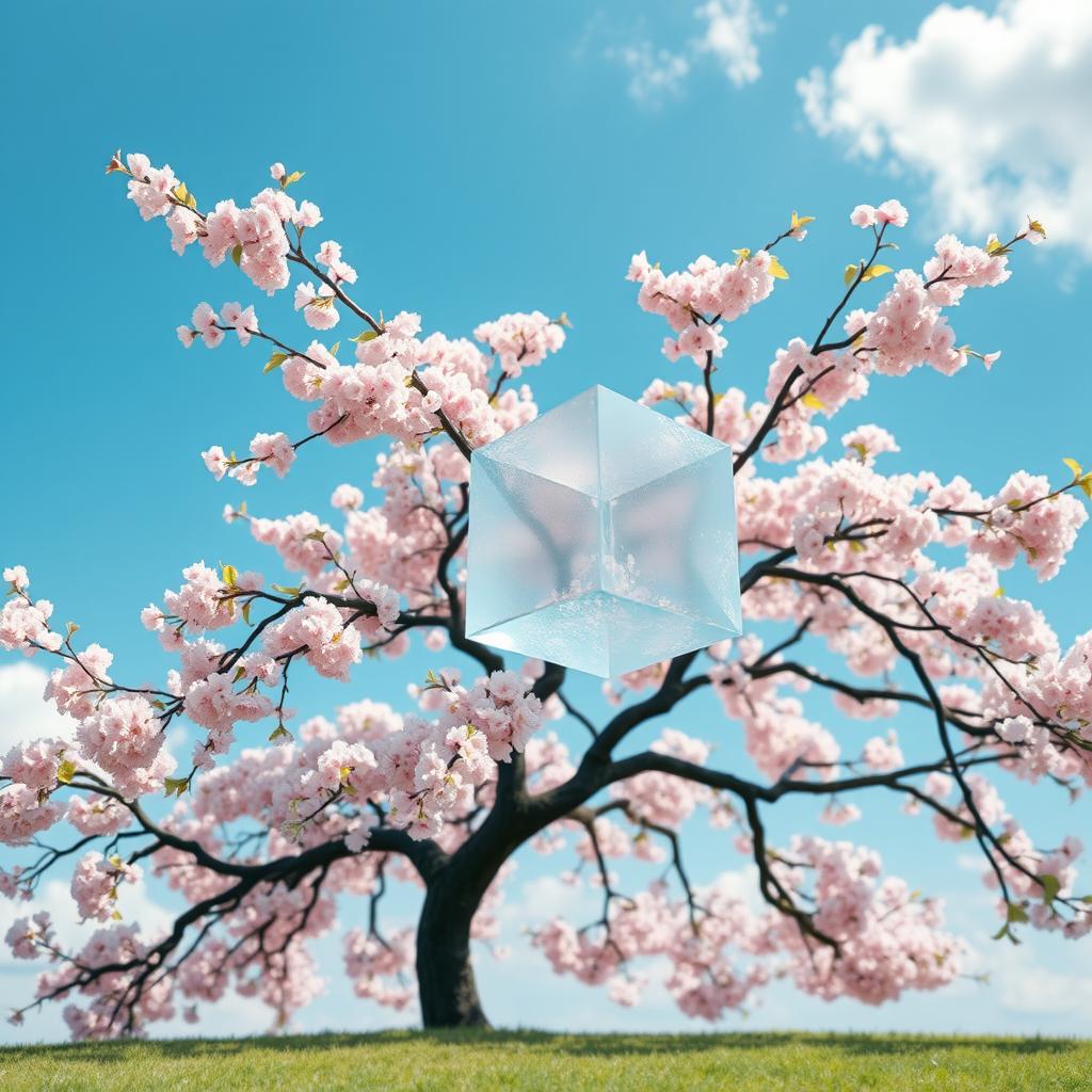 A serene scene depicting a Japanese cherry blossom tree with delicate pink flowers, its branches sprawling gracefully