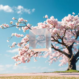 A serene scene depicting a Japanese cherry blossom tree with delicate pink flowers, its branches sprawling gracefully