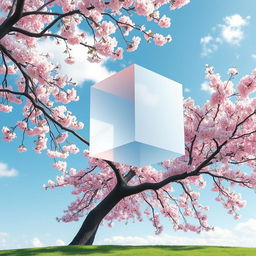 A serene scene depicting a Japanese cherry blossom tree with delicate pink flowers, its branches sprawling gracefully