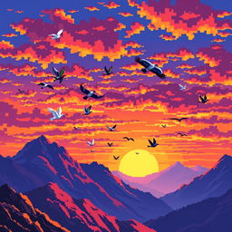 A vibrant pixel art scene depicting a breathtaking sunset over majestic mountains