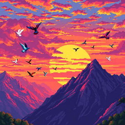 A vibrant pixel art scene depicting a breathtaking sunset over majestic mountains