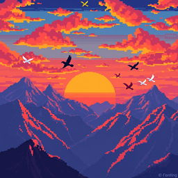 A vibrant pixel art scene depicting a breathtaking sunset over majestic mountains