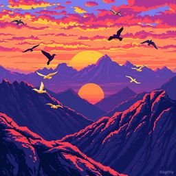 A vibrant pixel art scene depicting a breathtaking sunset over majestic mountains