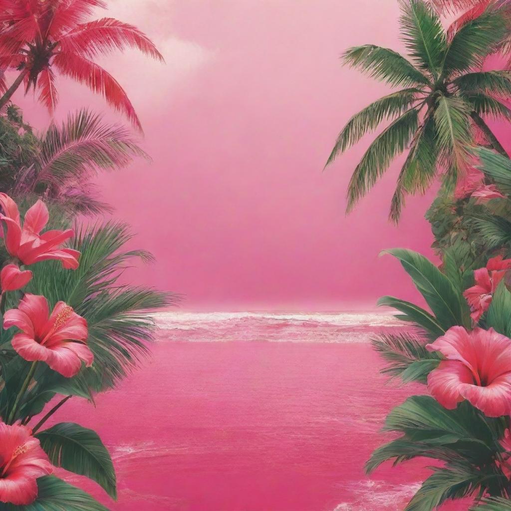 Design a vibrant poster featuring a paradise of love. The colors should be a mixture of stunning pinks and reds. Make sure the atmosphere is optimistic, dreamy, and oozes with affection.