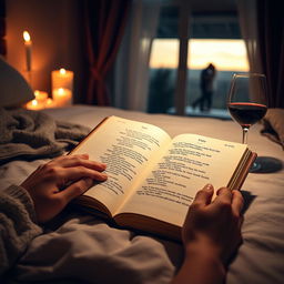 An open book on a bed, the pages filled with romantic poetry, a pair of delicate hands caressing the pages gently