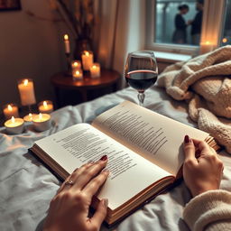 An open book on a bed, the pages filled with romantic poetry, a pair of delicate hands caressing the pages gently