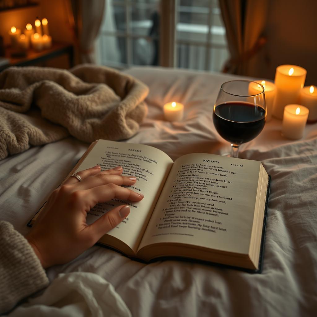 An open book on a bed, the pages filled with romantic poetry, a pair of delicate hands caressing the pages gently