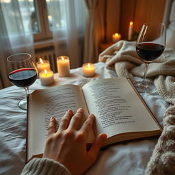 An open book on a bed, the pages filled with romantic poetry, a pair of delicate hands caressing the pages gently