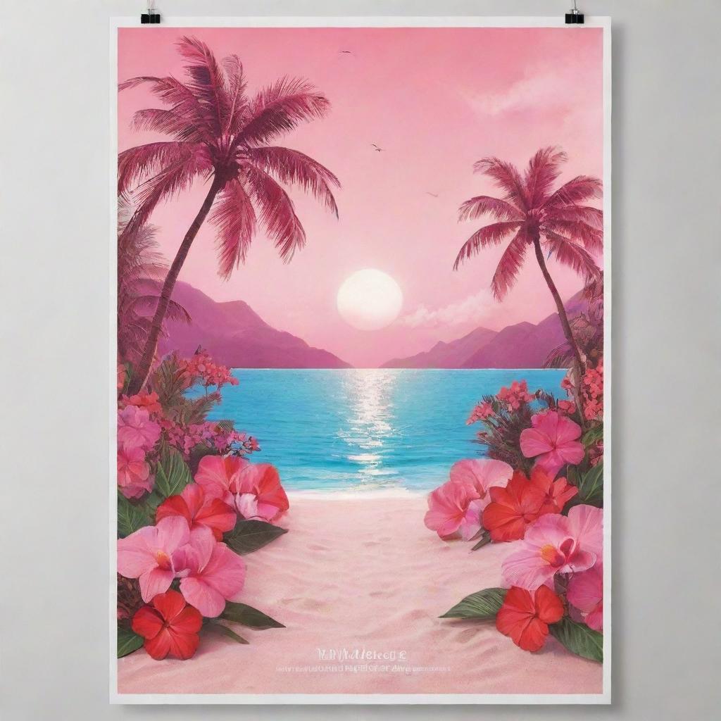 Design a vibrant poster featuring a paradise of love. The colors should be a mixture of stunning pinks and reds. Make sure the atmosphere is optimistic, dreamy, and oozes with affection.