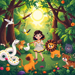 A vibrant and lively pixel art scene depicting happy animals dancing in a lush forest