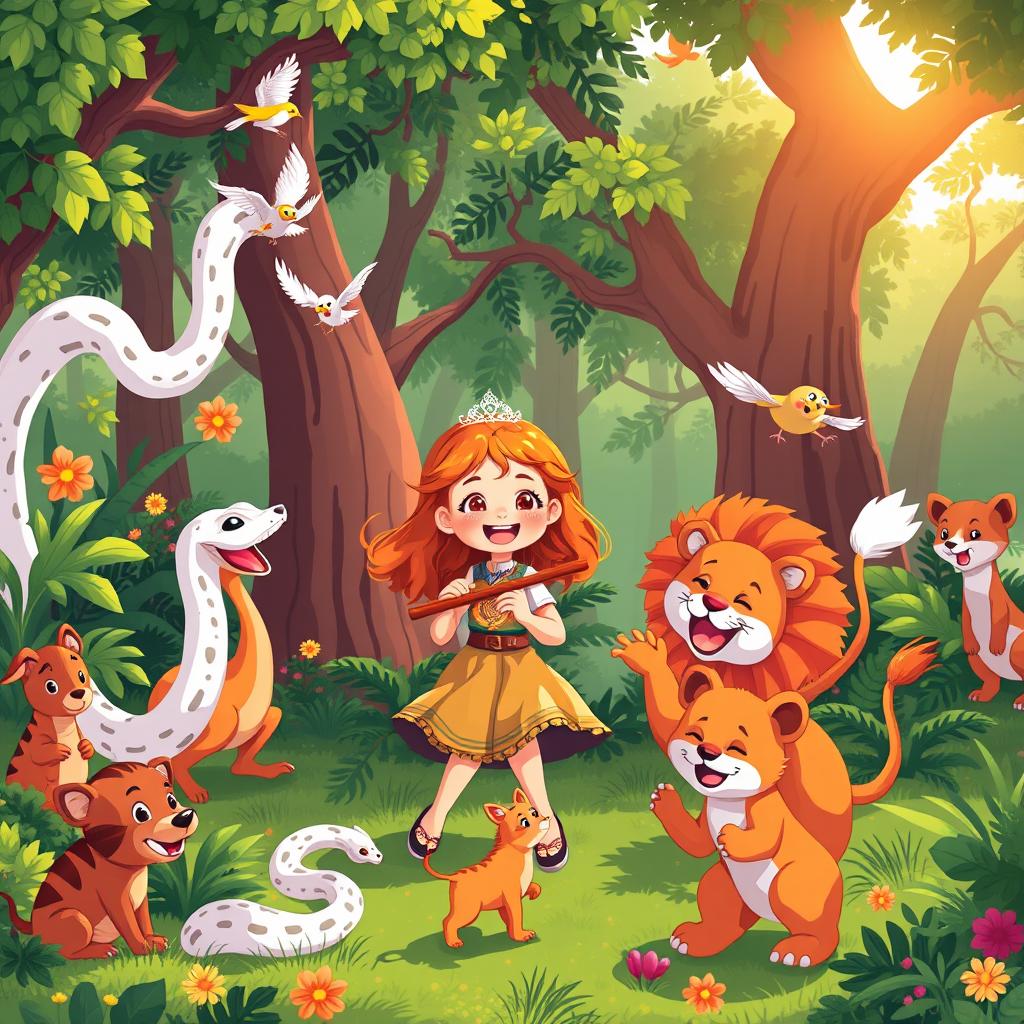 A vibrant and lively pixel art scene depicting happy animals dancing in a lush forest