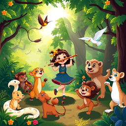 A vibrant and lively pixel art scene depicting happy animals dancing in a lush forest