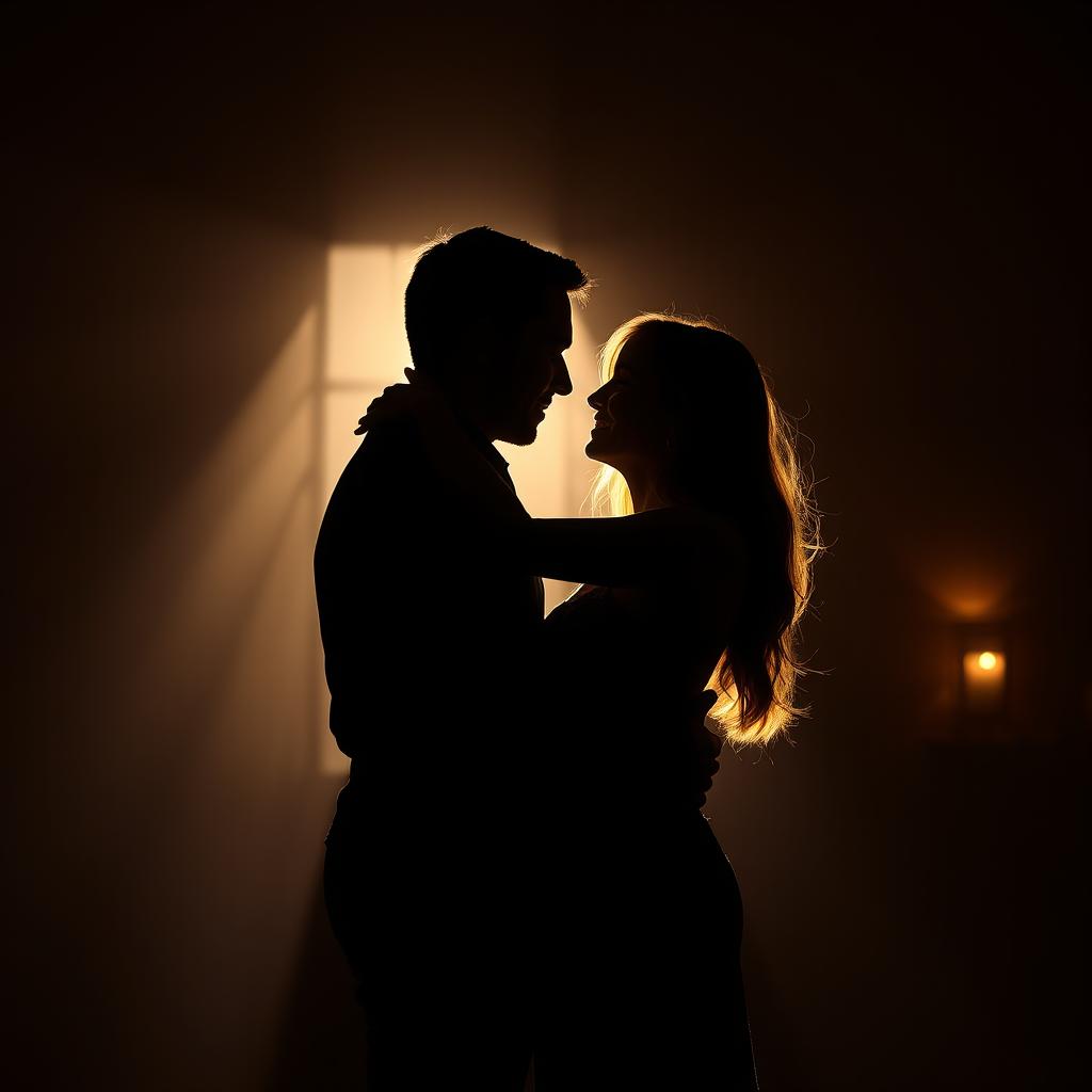 passionate embrace between a couple in a dimly lit room, their silhouettes intertwined, creating an intimate and alluring scene, surrounded by warm, romantic lighting