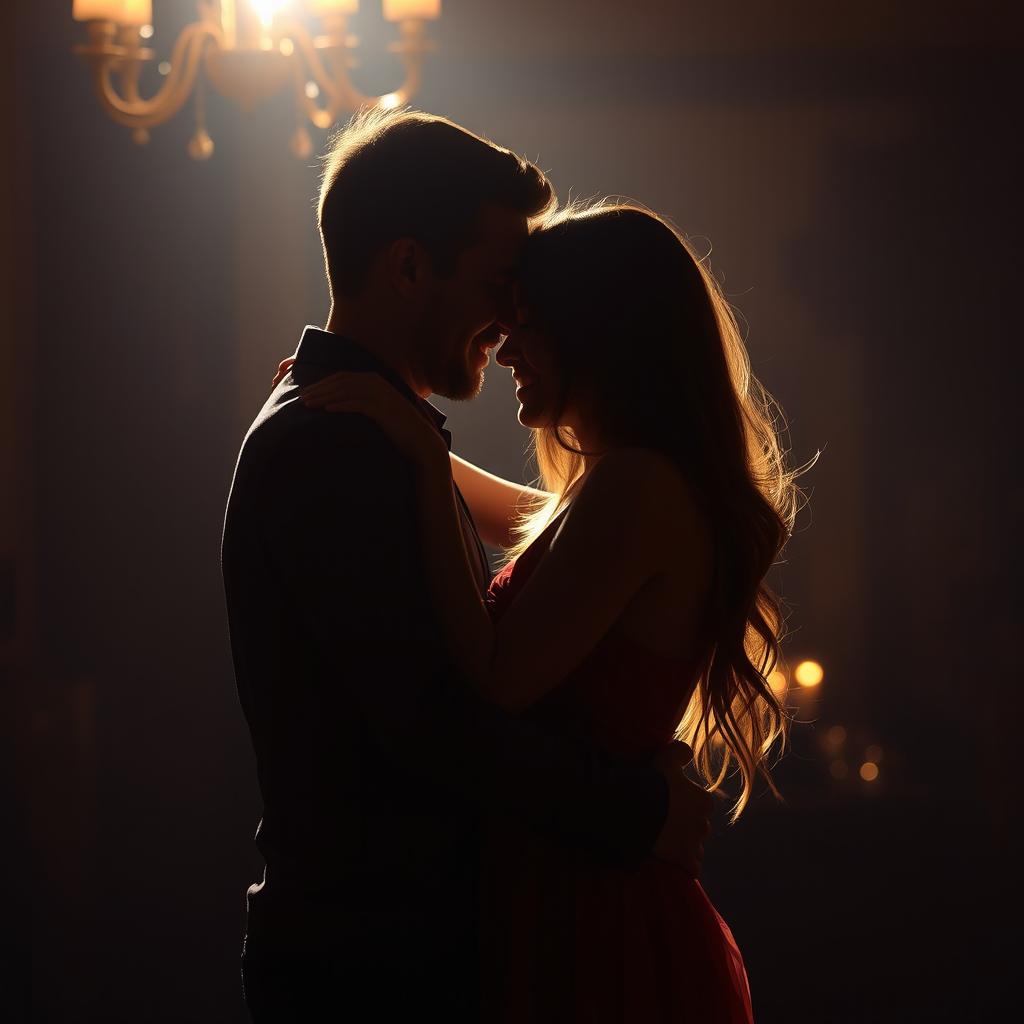 passionate embrace between a couple in a dimly lit room, their silhouettes intertwined, creating an intimate and alluring scene, surrounded by warm, romantic lighting