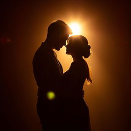 passionate embrace between a couple in a dimly lit room, their silhouettes intertwined, creating an intimate and alluring scene, surrounded by warm, romantic lighting