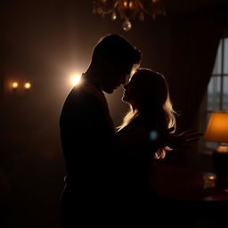 passionate embrace between a couple in a dimly lit room, their silhouettes intertwined, creating an intimate and alluring scene, surrounded by warm, romantic lighting