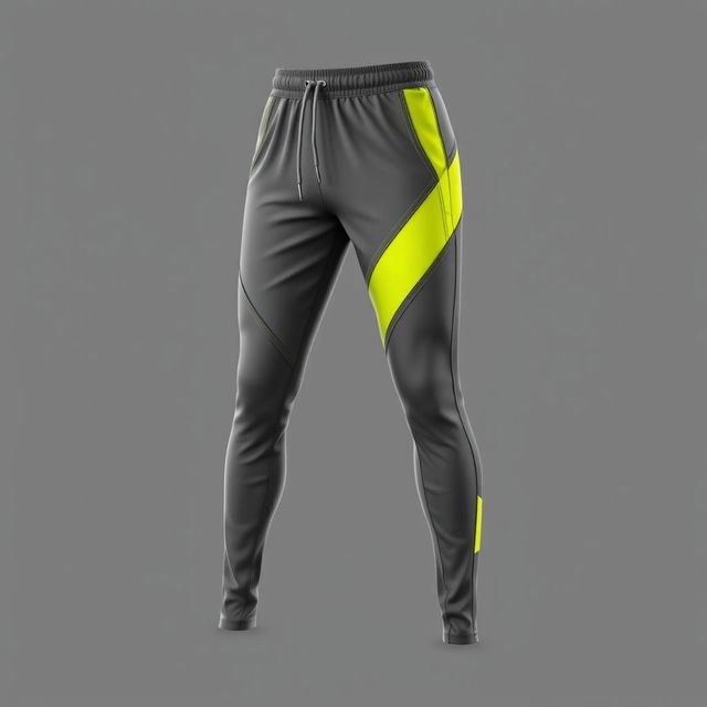 A stylish sports pants design featuring a dominant gray color with a touch of bright yellow accents