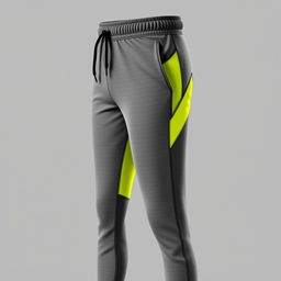 A stylish sports pants design featuring a dominant gray color with a touch of bright yellow accents