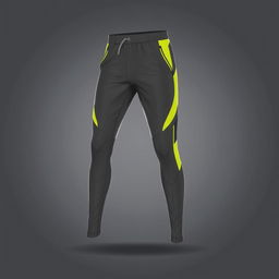 A stylish sports pants design featuring a dominant gray color with a touch of bright yellow accents