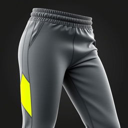 A stylish sports pants design featuring a dominant gray color with a touch of bright yellow accents