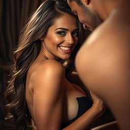 A sensual scene depicting a beautiful, confident woman with luscious long hair and striking features, engaging in an intimate and consensual moment