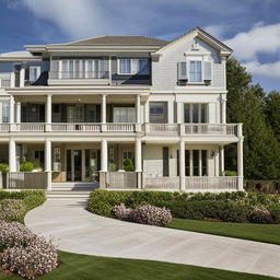 A luxurious three-story house, featuring tasteful design elements, lavish furnishings, and a manicured landscape.