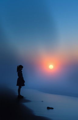 A misty shoreline at dusk, featuring a lone girl's silhouette against the backdrop of a setting sun