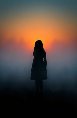 A misty shoreline at dusk, featuring a lone girl's silhouette against the backdrop of a setting sun