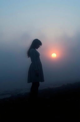 A misty shoreline at dusk, featuring a lone girl's silhouette against the backdrop of a setting sun