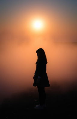 A misty shoreline at dusk, featuring a lone girl's silhouette against the backdrop of a setting sun