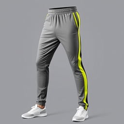 A stylish pair of sports pants designed primarily in shades of grey, featuring vibrant yellow accents along the sides