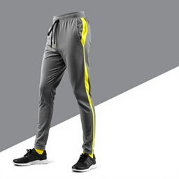 A stylish pair of sports pants designed primarily in shades of grey, featuring vibrant yellow accents along the sides