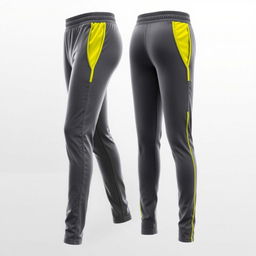 A stylish pair of sports pants designed primarily in shades of grey, featuring vibrant yellow accents along the sides