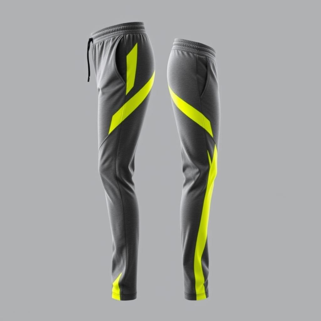 A stylish pair of sports pants designed primarily in shades of grey, featuring vibrant yellow accents along the sides