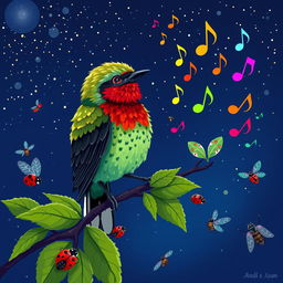 A vibrant and detailed pixel art scene depicting a nightingale perched elegantly on a branch, singing melodiously