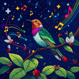 A vibrant and detailed pixel art scene depicting a nightingale perched elegantly on a branch, singing melodiously