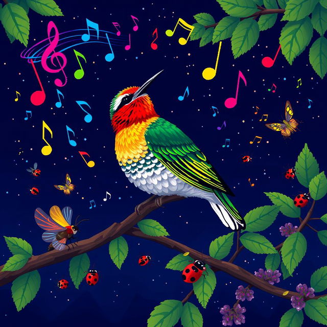 A vibrant and detailed pixel art scene depicting a nightingale perched elegantly on a branch, singing melodiously