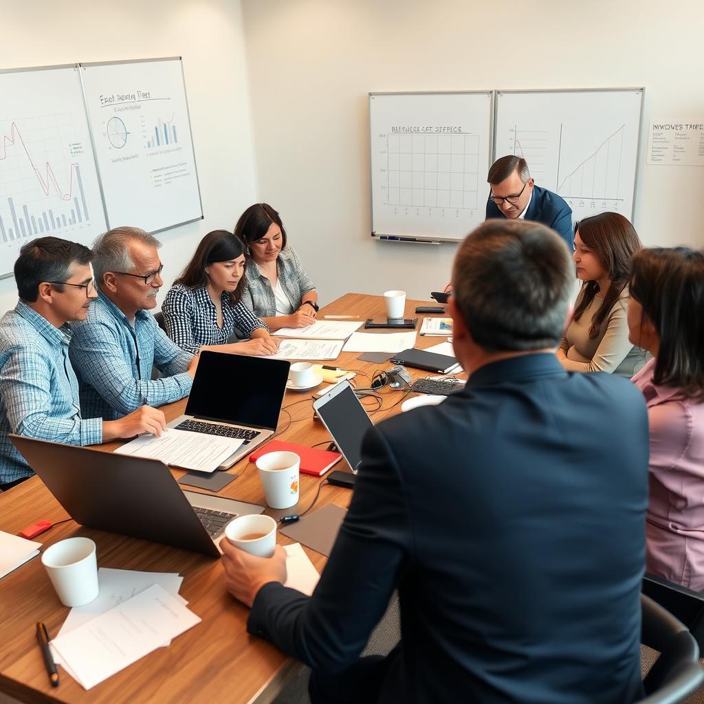 A family gathered around a conference table, engaged in a lively discussion about business strategies