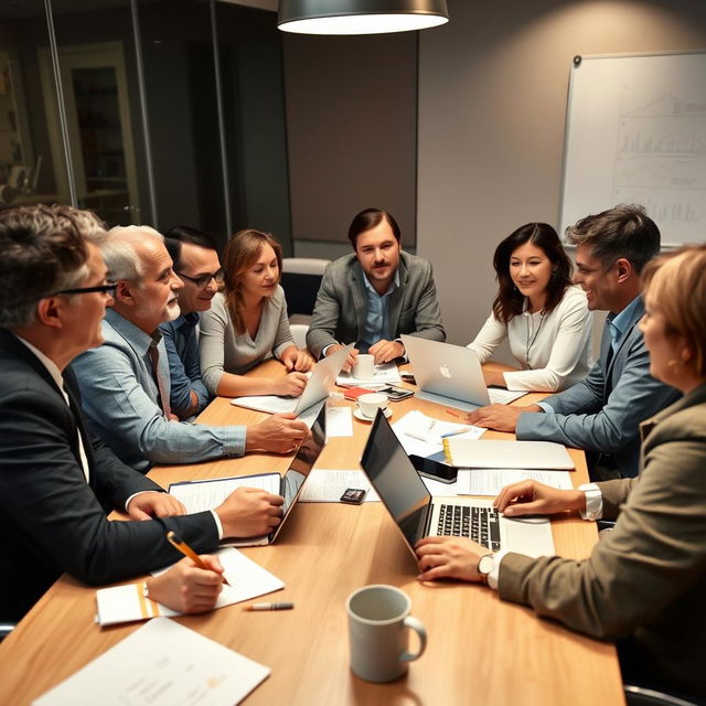 A family gathered around a conference table, engaged in a lively discussion about business strategies