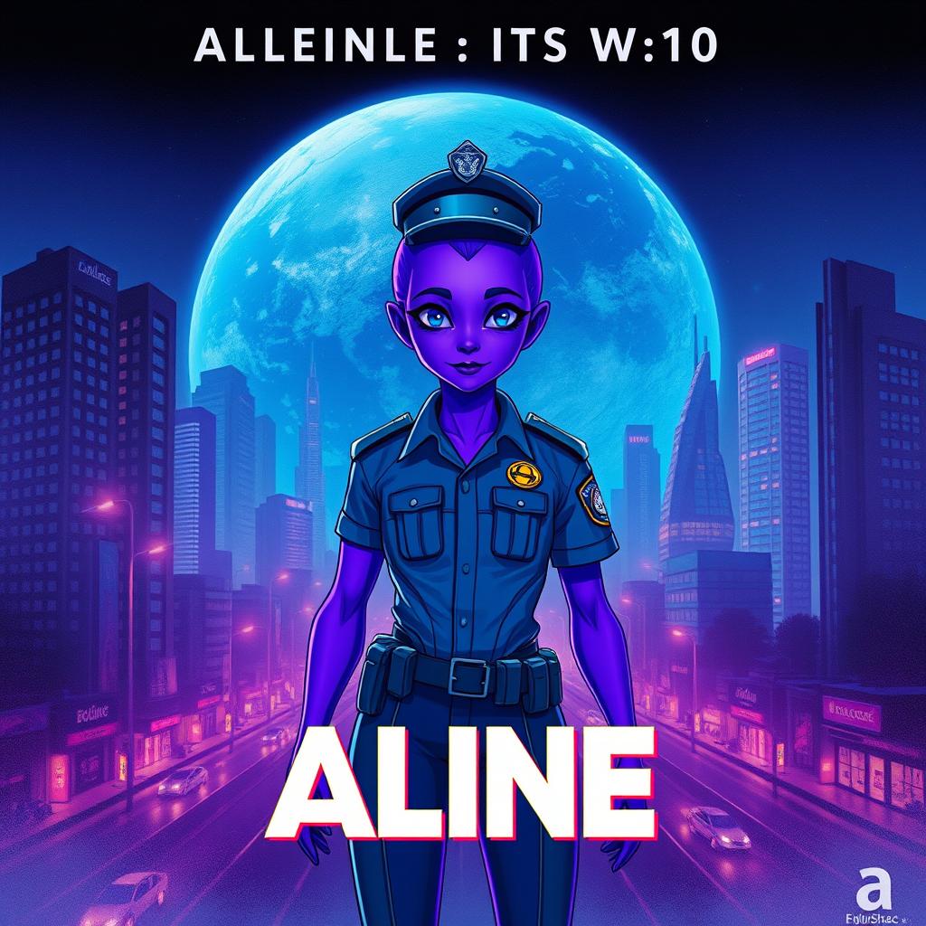 An intriguing and creative film poster for a movie about an alien policeman named Aline who travels to Earth and transforms into a purple being