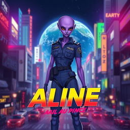 An intriguing and creative film poster for a movie about an alien policeman named Aline who travels to Earth and transforms into a purple being