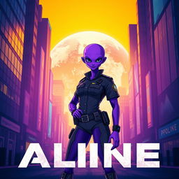 An intriguing and creative film poster for a movie about an alien policeman named Aline who travels to Earth and transforms into a purple being