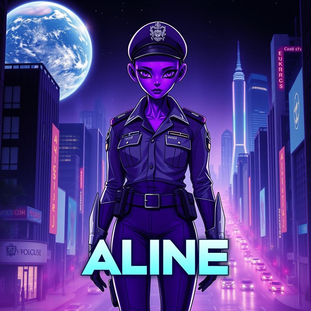 An intriguing and creative film poster for a movie about an alien policeman named Aline who travels to Earth and transforms into a purple being