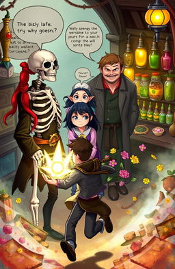 In the foreground, a man with long red hair tied in a ponytail stands alongside a skeleton