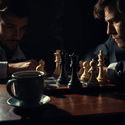 A dramatic scene depicting a tense chess match in a dimly lit room